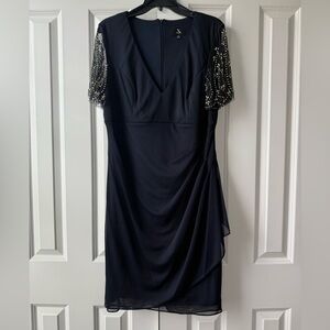 Xscape Navy Dress with Beaded Sleeves